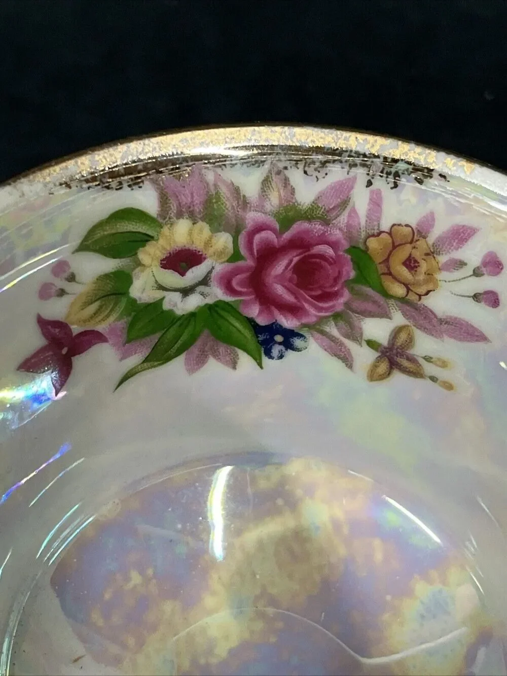 VTG L M Royal Halsey Very Fine Teacup & Saucer Floral Pink Green Gold Iridescent